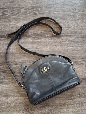 Aigner Navy Blackish Leather Crossbody Bag with Gold Accent Adjustable Strap
